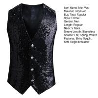 Chaleco de hombre con lentejuelas brillantes, sin mangas, ajustado, de un solo pecho, con cuello en V, chaleco Formal para hombre, traje ajustado con decoración de lentejuelas - details 13
