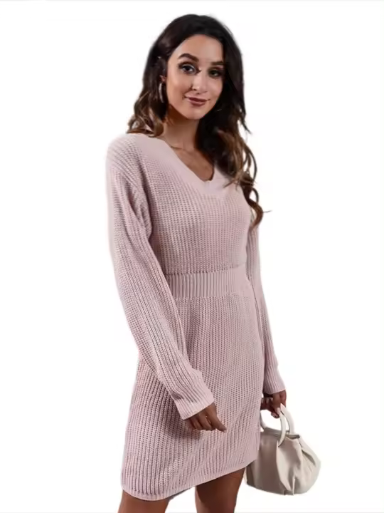 Vestido de punto para mujer con cuello en V, manga suelta, color sólido, moda primavera-otoño 2025 - 1