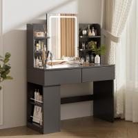 Tocador de Maquillaje con Espejo y Luz LED Regulable, Tocador de Maquillaje con 2 Cajones y 4 Estantes, Estante Inferior, Escritorio Moderno para Dormitorio, 90 x 40 cm, Blanco - details 8