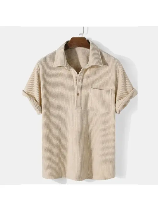 Camisa de hombre 2025 verano nuevo estilo maduro ligero de manga corta con solapa de pana simple top - 1