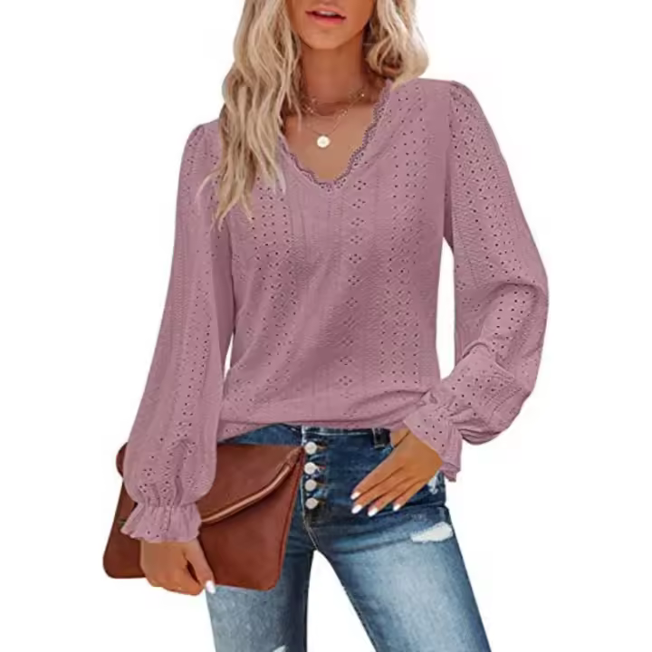 Camiseta con cuello en V para mujer, top informal de manga plisada hueca de otoño - 1
