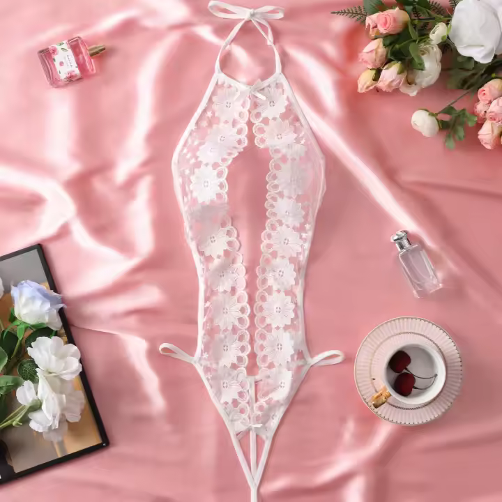 Lencería Sexy elegante para mujer, sujetador abierto blanco, Teddy caliente, mono con cuello Halter y espalda descubierta, ropa interior sin entrepierna con bordado Floral - 1