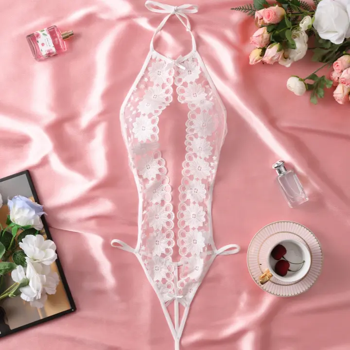 Lencería Sexy elegante para mujer, sujetador abierto blanco, Teddy caliente, mono con cuello Halter y espalda descubierta, ropa interior sin entrepierna con bordado Floral - 1