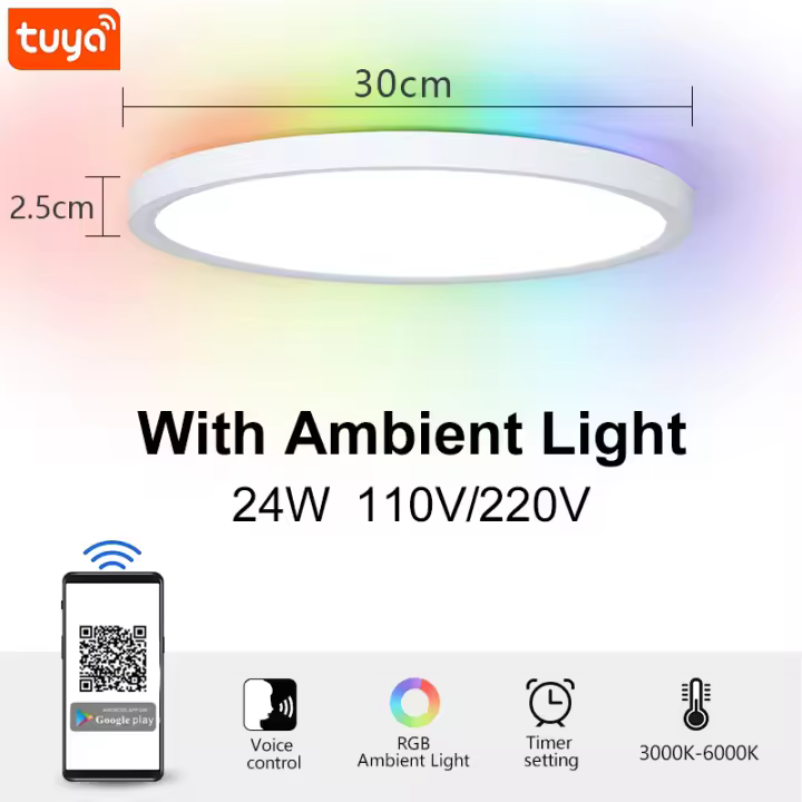 Smart Life-lámpara de techo TUYA de 24W, 110V, 220V, aplicación de luz LED RGB, atenuación, Control de voz, decoración interior del hogar, dormitorio, sala de estar, cocina - 1