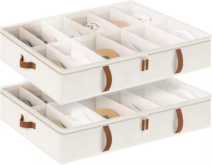 Organizador de zapatos para debajo de la cama, con separadores ajustables, color beige, 2 unidades, capacidad para hasta 24 pares - 1
