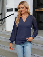 Camiseta holgada de manga larga para mujer, blusa informal de Color liso con costura de encaje y cuello en V, moda de primavera y otoño, 2023 - details 19