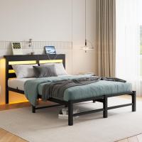 Marco de cama doble con estación de carga y luces LED, plataforma de metal resistente, marco de cama doble de 135 x 190 cm con cabecero de madera con almacenamiento, no necesita - details 2