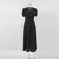 Vestido largo de estilo francés con estampado floral, pequeño, negro, otoño, nuevo, manga corta, cintura con abertura, corte en A - details 15