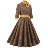 Vestido Midi de Cuello Alto con Lazo de Cuadros Retro Moda de Invierno para Mujeres Hepburn - details 2