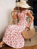 Vestido largo profesional floral casual de moda con mangas con volantes, tela elástica con cuello en V, falda larga Holida, ropa de mujer, - details 0