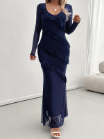 Vestido de malla con cuello en V, elegante y entallado, de manga larga para mujer, otoño invierno - details 16