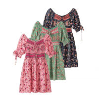Vestido de Algodón Estampado de Moda para Mujer OUWU Mini Vestido Versátil con Manga de Princesa, Cuello en Polo, Cintura Imperio - details 1