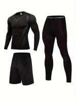 Men's Sports 3pcs Set, Long Sleeve Compression T-shirt + Active Shorts + Leggings Matching Set For Fitness - details 0