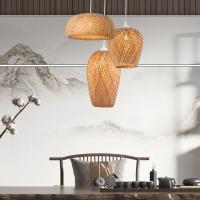 Lámpara colgante de bambú estilo japonés en ratán para comedor y restaurante, luz de techo - details 0
