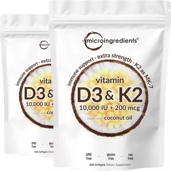 Vitamina D3 10000 UI Plus K2 (-7) 200 mcg, 300 cápsulas blandas de aceite de coco virgen |   Complejo de vitaminas D K 2 en 1 |   Admite calcio - 1