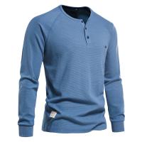 Camiseta AIOPESON Waffle Henley para hombre, camisetas básicas transpirables de manga larga para hombre, camisetas nuevas de otoño de Color sólido para hombre - details 1