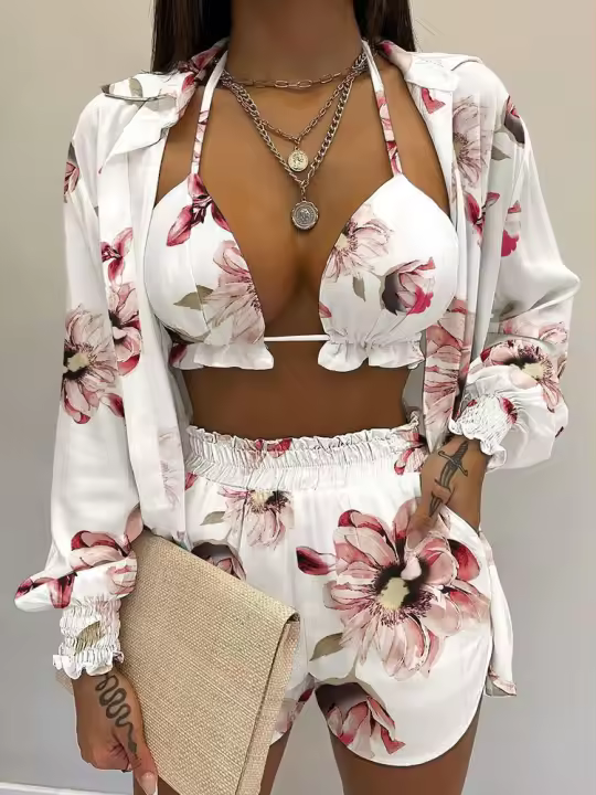 Conjunto de Bikini de Cintura Alta con Estampado Amarillo Traje de Baño de Encaje Sexy de 3 Piezas para Mujeres Estilo Playero 2025 - 1