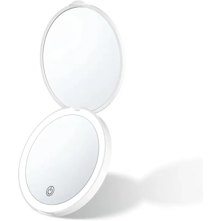 Scttomon Espejo de Bolsillo Compacto con Luz de Maquillaje Aumento 10X, Plegable de 9 cm de Diámetro, Portátil y Pequeño - 1