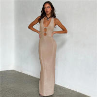 BUNO-vestido Maxi brillante con cuello Halter para mujer, vestido elegante de vendaje sin espalda recortado, cuello bajo, sin mangas, Bodycon femenino, bata de calle - details 6