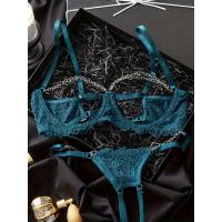 Conjunto de lencería de encaje floral erótico, sujetador abierto transparente y tanga con cadena, lencería sexy y ropa interior - details 0