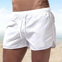 Pantalones cortos de surf de playa para hombre, cintura elástica de tiro bajo, cordón, ribete lateral irregular transpirable, traje de baño, verano - details 2