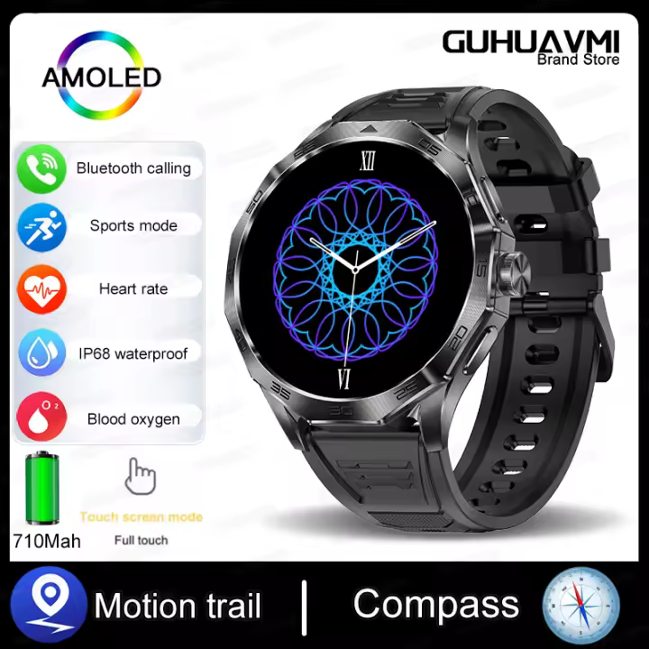 2024 Nuevo Reloj inteligente para helbres 1,85 pulgadas 360*360 HD AMOLED Pantalla táctil complete, Reloj de Trayectoria GPS, Brújula, 100 + Deportive Way, Impermeable,710mAh, oxígeno en sangre, reloj Deportivo de Llamada Bluetooth para iOS y Android - 1