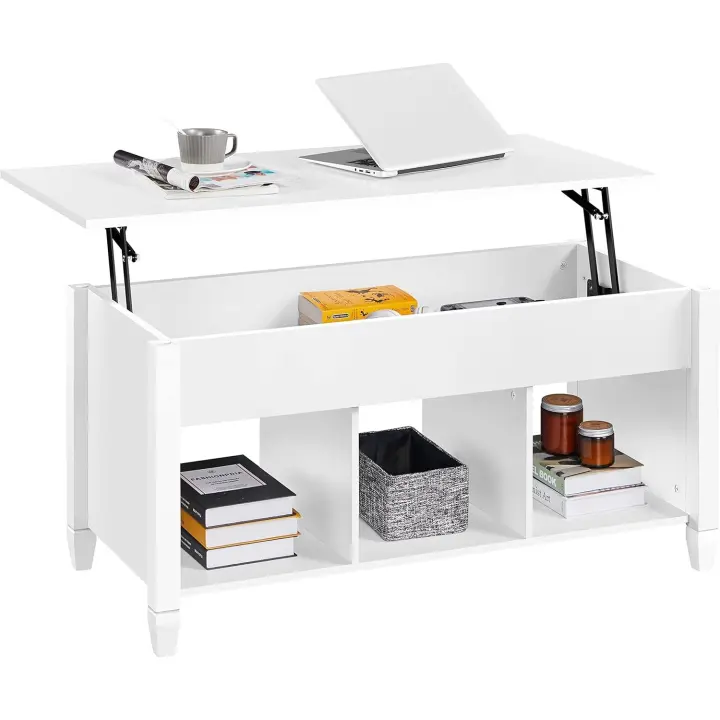 Mesa de Centro Elevable con Cajón Mesa de Café para Salón de Estilo Moderno con Patas de Madera Maciza 104,5 x 49,5 x (49-63) cm Blanco - 1