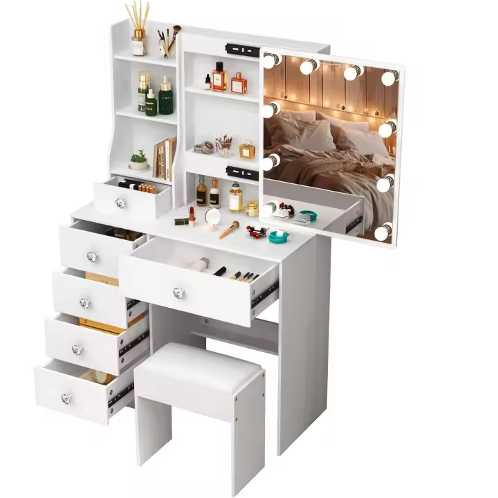 Tocador de Maquillaje con Luz y Taburete, Mesa de Maquillaje con Espejo, Tocador de Maquillaje con 6 Cajones y 6 Estantes, Blanco 36x80x131cm, H121639 - 1