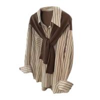 Camisa de mujer de dos piezas falsa estilo Maillard de otoño, chal tejido marrón, camisa con Raya Vertical en la espalda, blusa, camisa de mujer de estilo francés - details 15