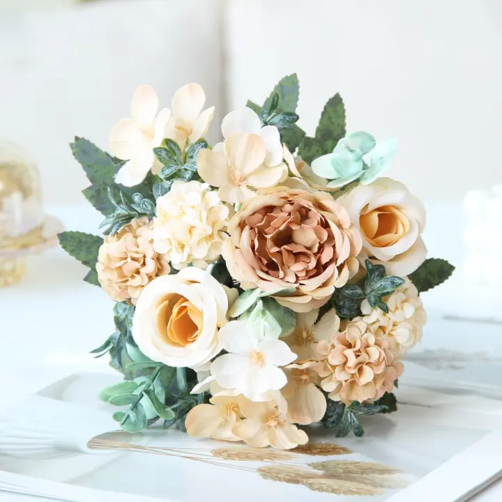 Rosa de imitación de 7 tenedores, 30cm, paisaje, flores falsas, modelo de terreno, ramo de hortensias rosas coloridas, suministros para fiesta de cumpleaños - 1