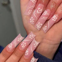 24 Piezas De Uñas Postizas Cortas Cuadradas Estilo Francés Con Flores + 1 Pegamento + 1 Lija Para Uñas - details 36