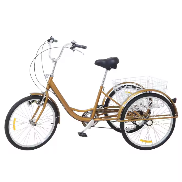 Bicicleta de 24 pulgadas para adultos triciclo 6 velocidades 3 ruedas con cesta de almacenamiento y luz en colores negro/oro/plata - 1
