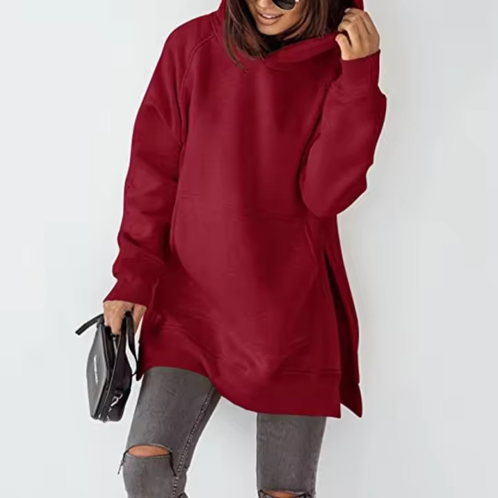 Sudadera de Vellón para Mujer Cuello Redondo, Manga Larga, Capucha Suelta, Color Sólido, Bolsillos, Moda de Moda - 1