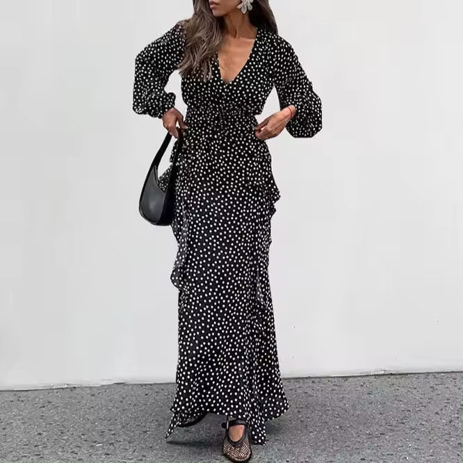 Vestido francés con volantes y cuello en V, manga abombada, estampado de puntos, novedad de verano, moda para mujer - 1