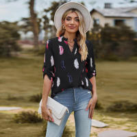 Camisa con estampado de plumas de tres cuartos y manga e para mujer, cuello en V, otoño, nueva - details 6