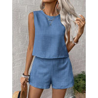 Conjunto casual de dos piezas para mujer, camiseta sin mangas de lino y algodón sólido de color y pantalones cortos. - details 4