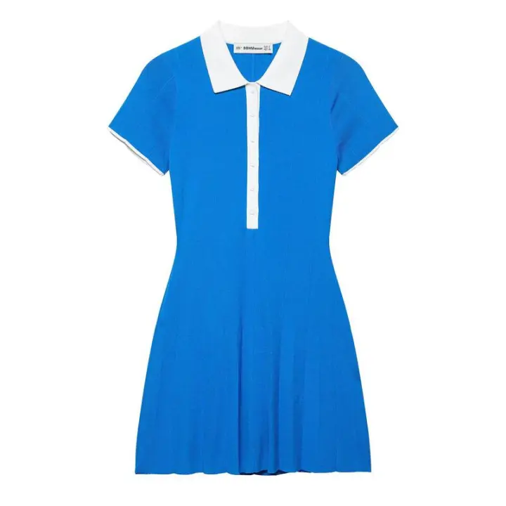 BUNO-Vestido estilo camisa de punto azul para mujer, cuello de solapa, manga corta, corte en A, minivestido con botones, vacaciones de verano - 1