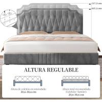 Tapizado en terciopelo Cama de matrimonio con cabecera ajustable en altura Marco de cama Soporte con listones de madera 160 × 200 cm Beige - details 12