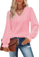 Camiseta con cuello en V para mujer Camisa superior de manga plisada informal hueca de otoño - details 9
