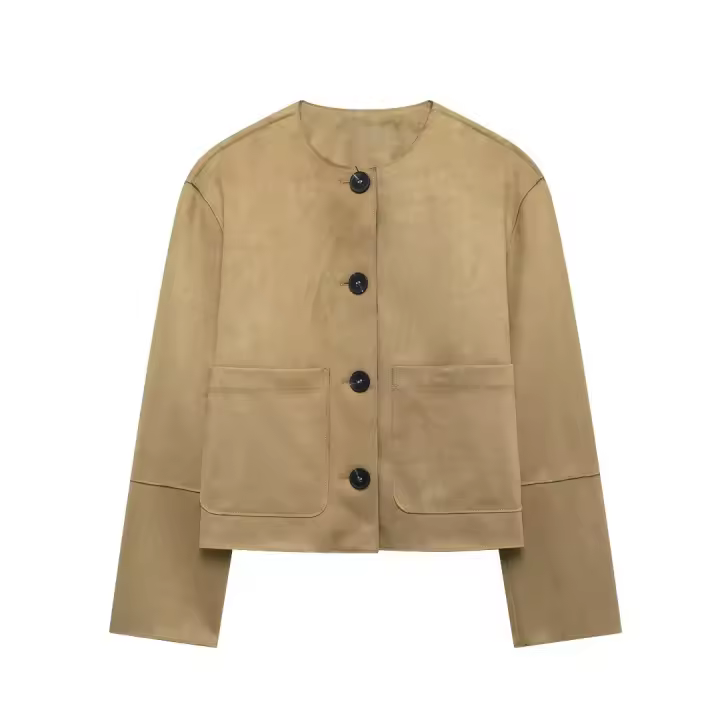 - Chaqueta elegante, textura sue de mujer, chaqueta con botones y bolsillos, redondo n, , de moda - 1