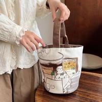 Bolsa de cubo de gato de café de dibujos animados de gran capacidad, bolsas de compras de estilo coreano, bolso de momia, bolso de lona, ​​bolso de mano, bolsa de almuerzo, viaje - details 4