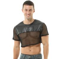 Tops cortos Hombre Malla sexy PU Lencería de cuero Manga corta Músculo Mini chaleco Sujetadores Clubwear Escote en O Traje erótico - details 2