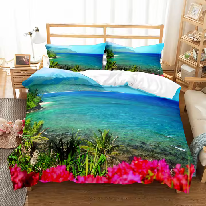 Funda de edredón Hawaii Juego de funda de edredón Funda de edredón de mar de playa para niños Juego de cama para niños y niñas Funda de edredón con temática de verano King Queen Tamaño completo - 1