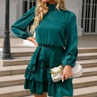 Vestido Satén con Cinturón Rojo Volantes Manga Larga, Elegante y Sensual para Mujer - details 8