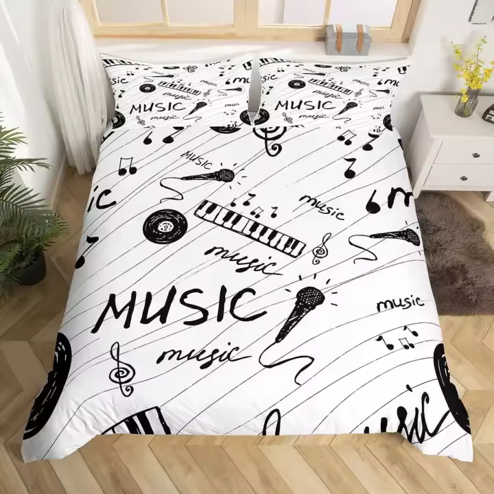 Juego de Ropa de Cama Temático de Música Cubierta de Almohada con Notas Musicales en Negro y Blanco - 1