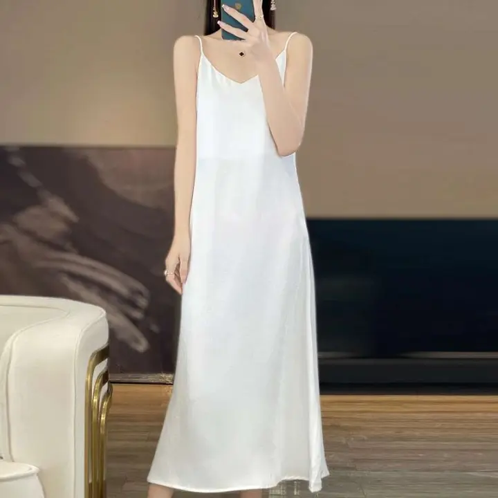 2025 100% vestido de tirantes de seda de morera antiarrugas para mujer novedad de verano falda larga suelta - 1