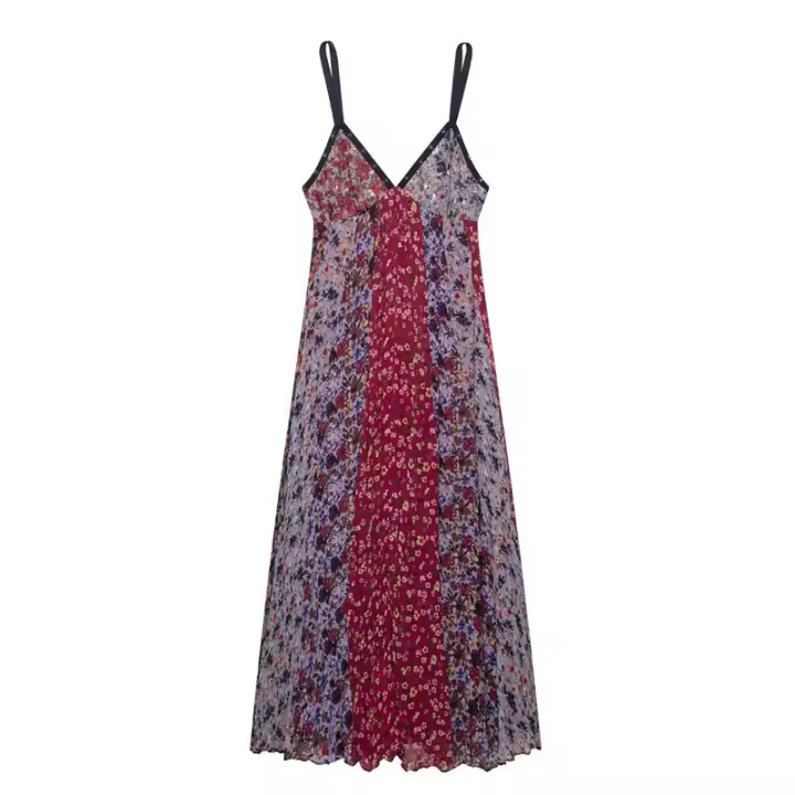 Vestido Elegante de Verano sin Mangas OUWU Estilo de Vacaciones con Estampado, Cuello en V, Ajuste Aretes - 1