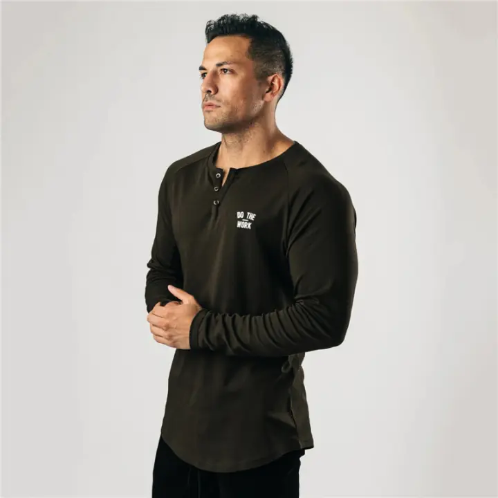 Camiseta de Fitness de Algodón con Estampado Gráfico Ajuste Delgado, Manga Larga, Moda Casual para Hombres Disponible en 4 Colores - 1