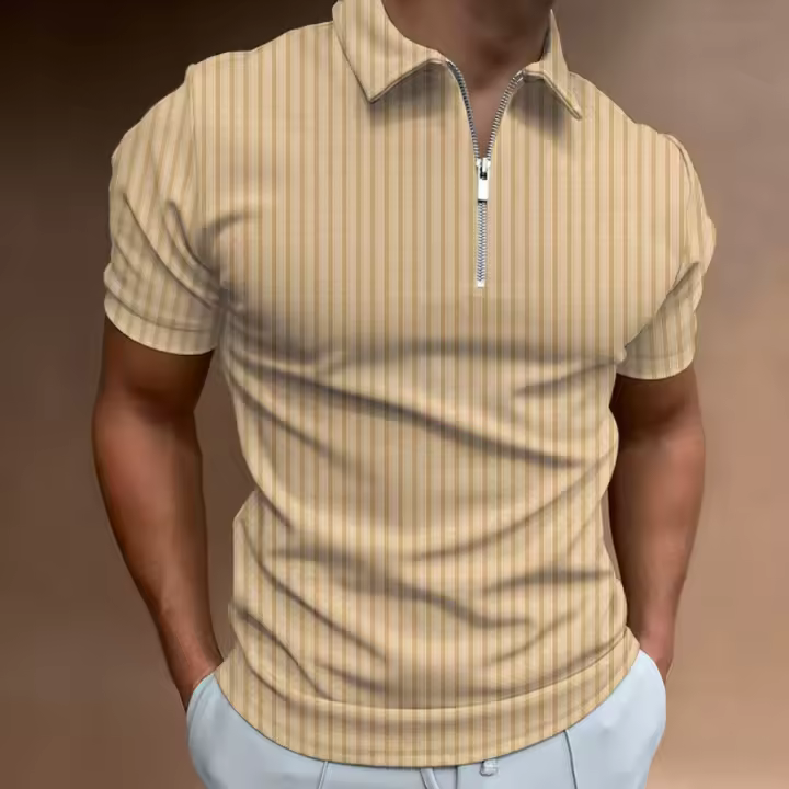 Camiseta de hombre Camiseta POLO elástica de manga corta con cremallera a rayas Top Color sólido - 1