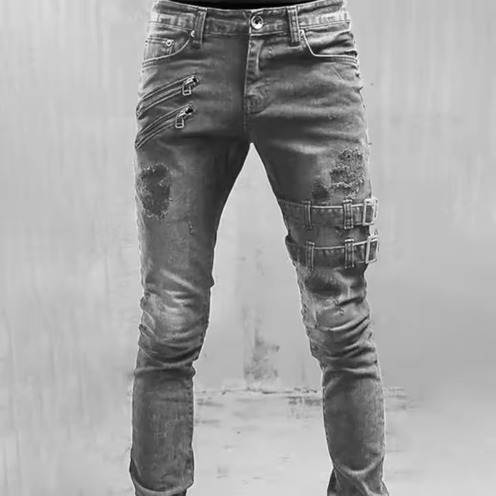 Jeans Retro Moto Biker para Hombre Cierre con Botón y Crema Ropa de Calle Punk Skinny Denim - 1